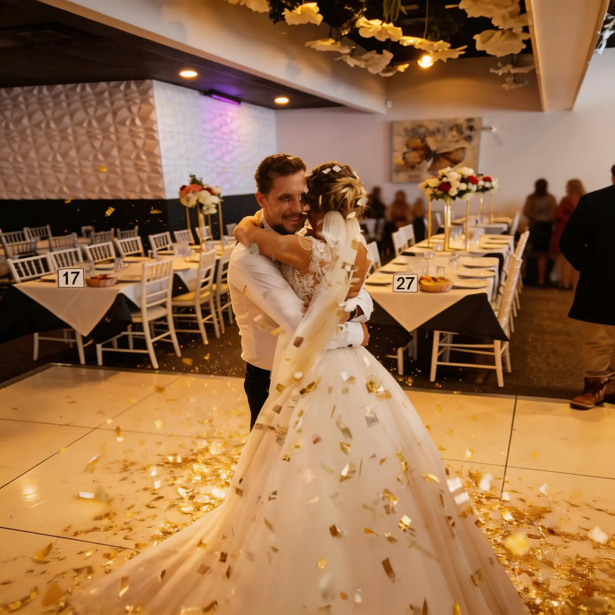 Couple dancing joyfully amidst falling confetti at a wedding reception.