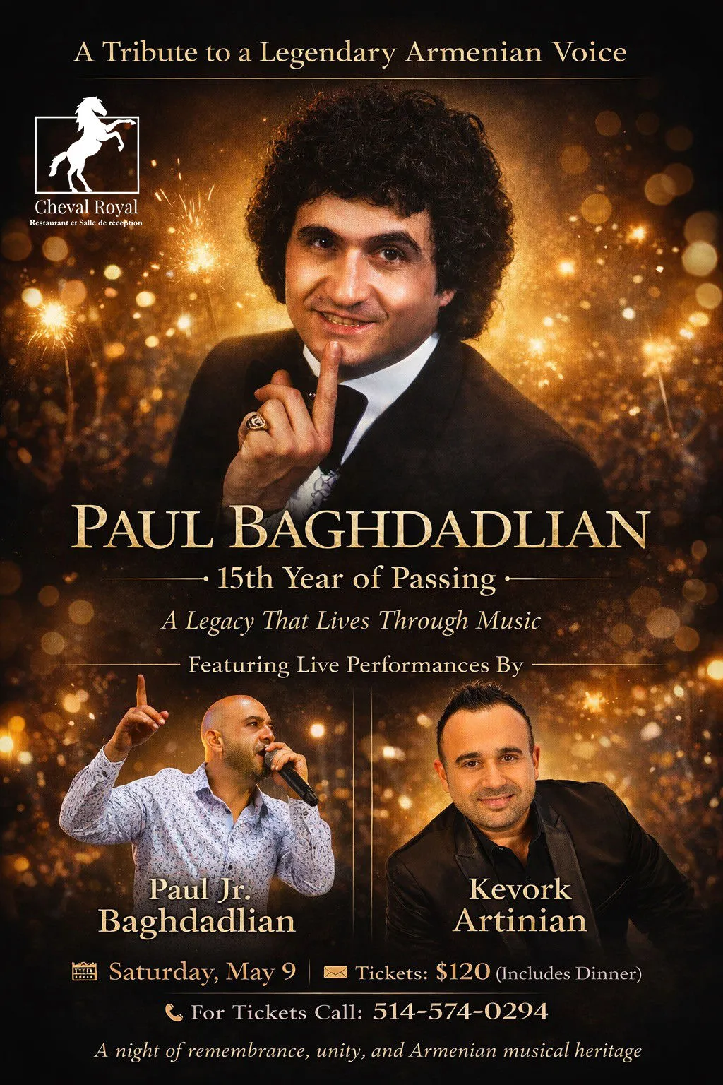Tribute event poster featuring Paul Baghdadlian with performers Paul Jr. Baghdadlian and Kevork Artinian.